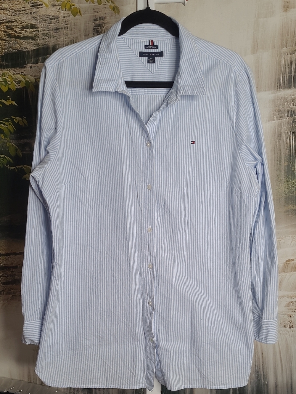 Tommy Hilfiger Womens XXL classic fit blue white striped long sleeve dress Shirt